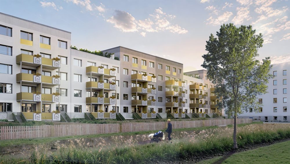 Wettbewerbsentwurf Reusenweg Halle Saale - Sanierung Wohnungsbau Visualisierung Balkone