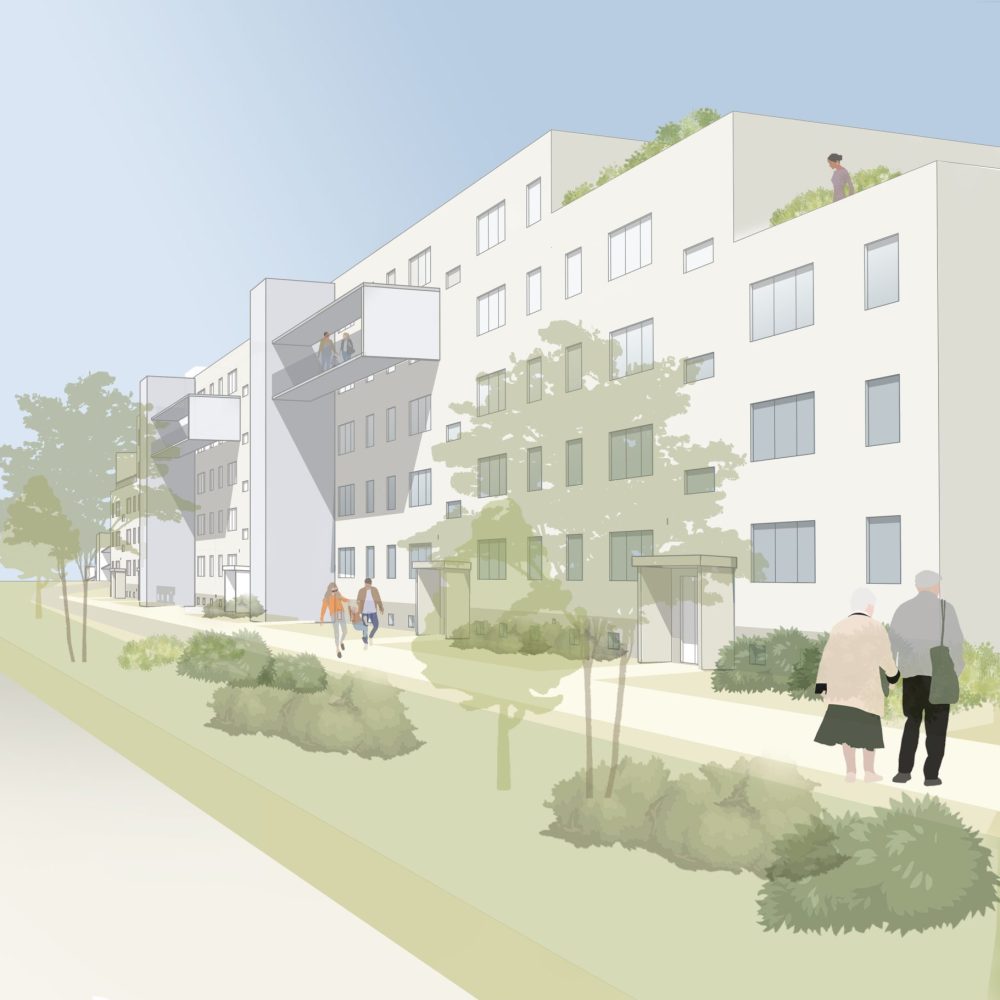 Perspektive der Straßenansicht mit neuen Aufzugstürmen, Laubengängen und begrünten Dachterrassen am Südring Weißenfels